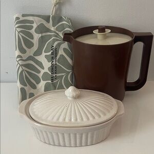 Vintage Trio; Tupperware Brown and Cream Jug, Brie baker and Hudson Bay bag.